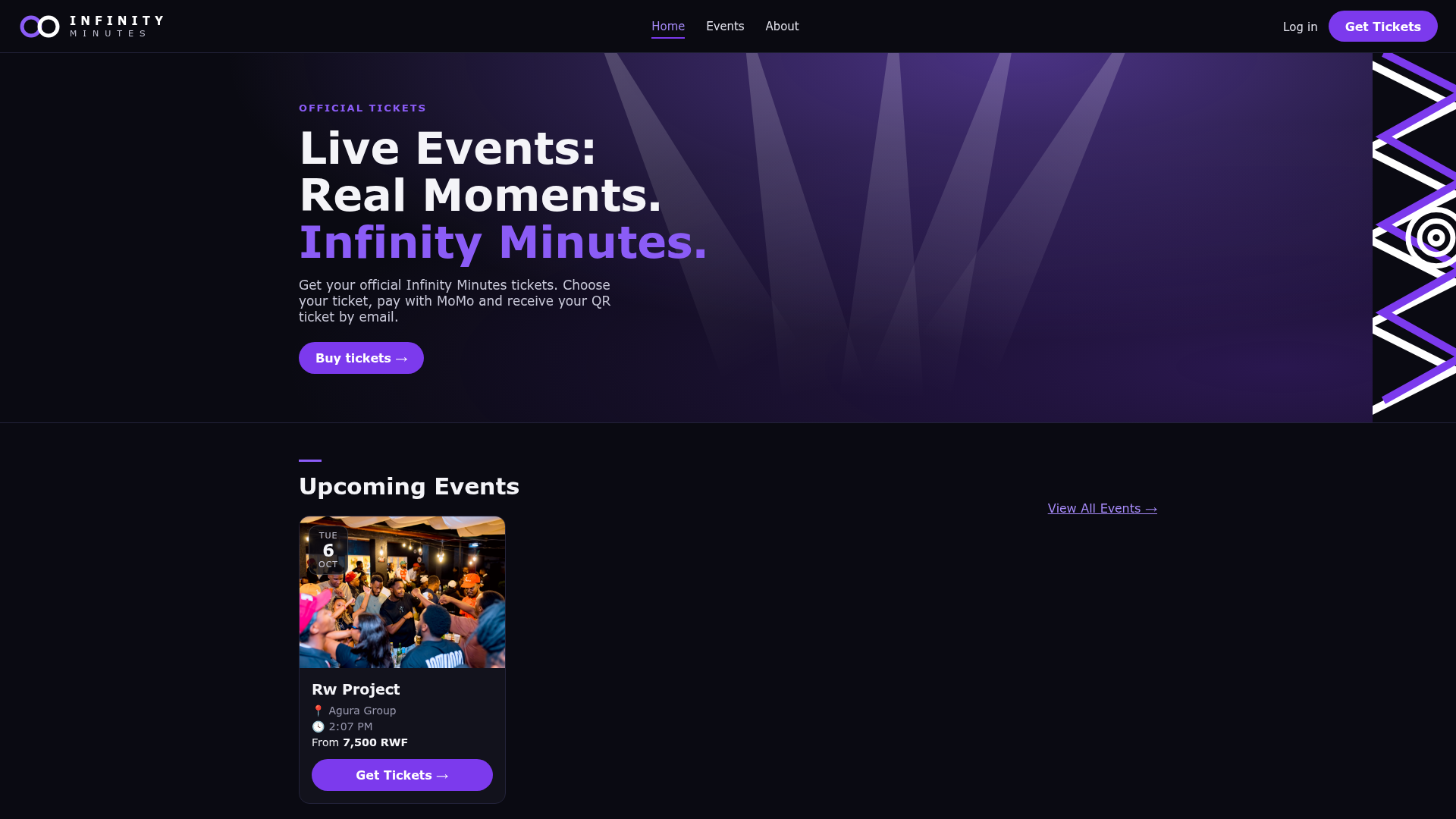 Infinity Minutes website showing live events, upcoming events and Get Tickets buttons